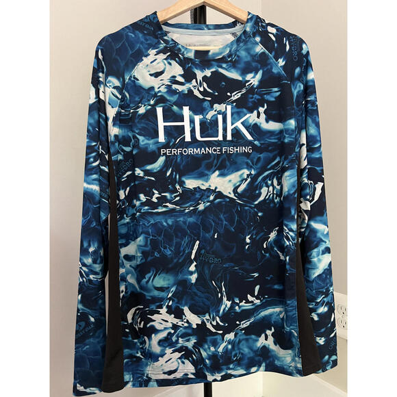 HUK Persuit Performance Fishing Blue Camo Mens Long Sleeve Shirt - Picture 1 of 4